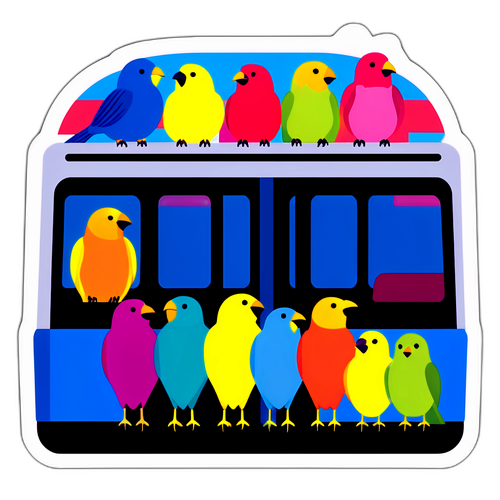 窓の外を見つめるカラフルな鳥たち