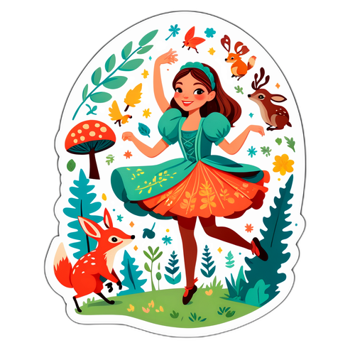 En eventyrlig klistremerke av Ingrid Alexandra som danser med skogsdyr