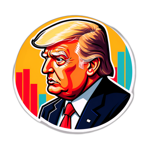 Stylizovaná nálepka Donalda Trumpa zkoumá ekonomické grafy s emocionálními nuancemi