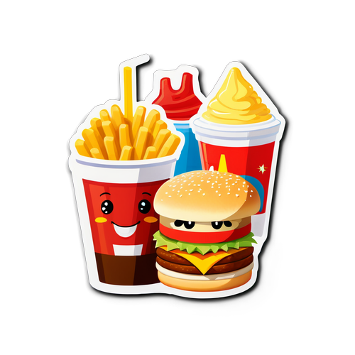 Een schattige McDonald's sticker met mascottes die een feest vieren met hamburgers en frisdranken