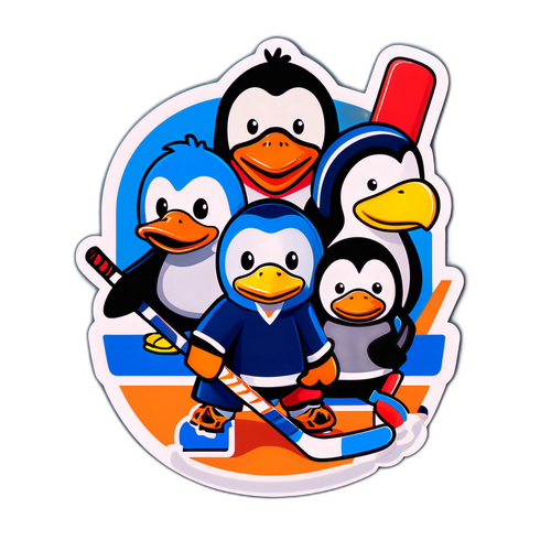 Cartoon Ducks and Penguins Playing Hockey