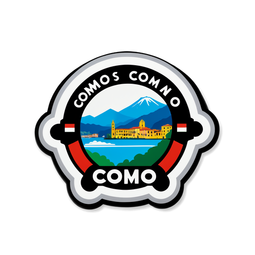 Autocolant cu logo-ul echipei Como, pe fundalul unei peisaj urban italian