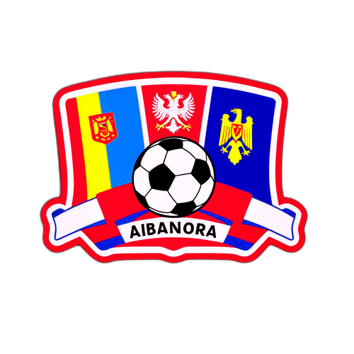Design cu drapelele Andorrei și Albaniei combinat cu un fundal de stadion de fotbal