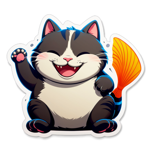 Happy Chubby Cat with Fish Sticker