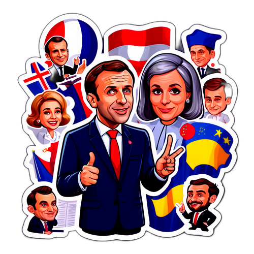 Uma caricatura engraçada de Macron dando uma palestra