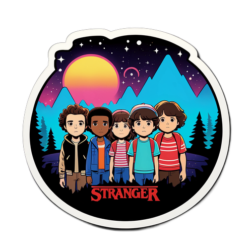 Ilustración de luces de ciudad con los personajes de Stranger Things detrás, representando su viaje final