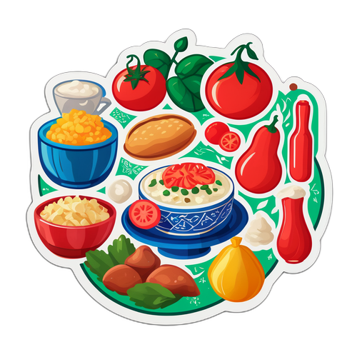 Autocolant cu simboluri tradiționale din Georgia, inclusiv alimente populare și dansuri