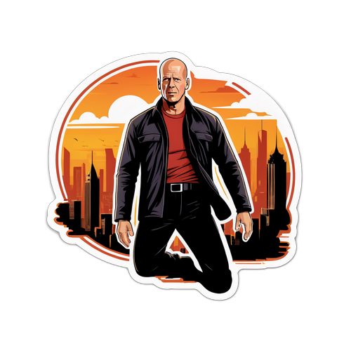 Ikonisk klistermärke av Bruce Willis i en klassisk actionpose