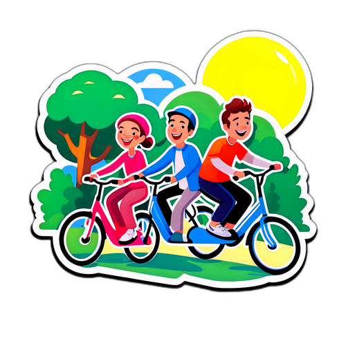 Personnages comiques faisant du vélo dans un parc ensoleillé