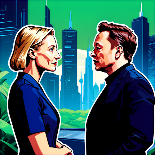 Stilisierte Darstellung von Alice Weidel und Elon Musk in einer futuristischen Stadtlandschaft