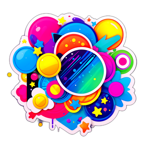 다채로운 배경과 mstr의 디지털 아트를 테마로 한 그래픽 스티커