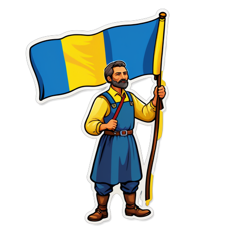 Ilustrație a unui țăran român purtând tricolorul în timpul alegerilor, promovând patriotismul