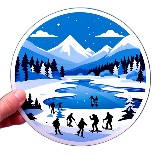 Peisaj de iarnă cu patinatori pe un lac înghețat