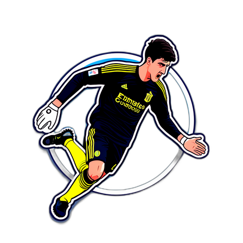 Courtois a védés közben, lebegő, dinamikus pillanatban