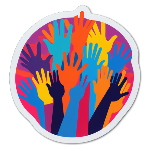 A modern sticker representing the Woke movement, featuring diverse hands raised in solidarity with vibrant colors.