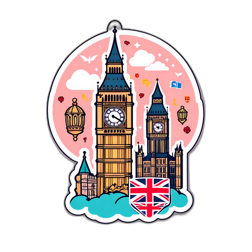 Nhãn dán dễ thương biểu tượng cho vẻ đẹp của Anh với Big Ben và biểu tượng hoàng gia, mang lại cảm giác cổ điển