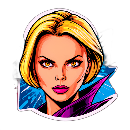 Diseño de pegatina de Charlize Theron como personaje de cómic en acción