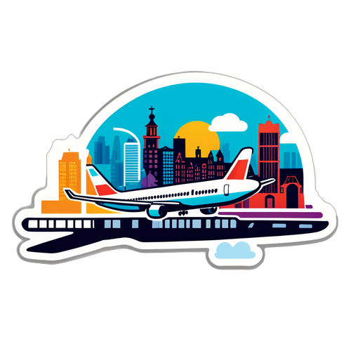 Sticker voor Schiphol met vliegtuig en skyline van Amsterdam