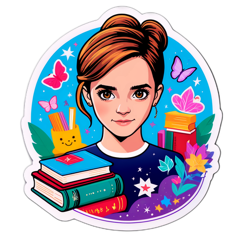 Adesivo di Emma Watson con libri e elementi magici