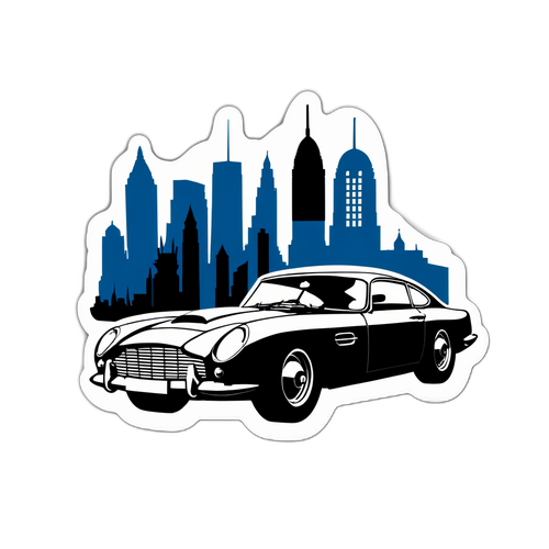 Elegant silhuett av James Bonds klassiska bil mot en stadssilhuett