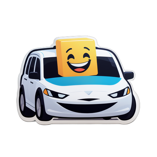 En sticker av en Uber-bil med ett stort, leende ansikte på taket som kör genom en stad