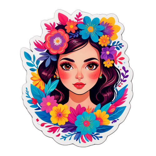 Wibrujący portret Michaliny Sosny z kwiatowymi elementami reprezentującymi jej twórczego ducha