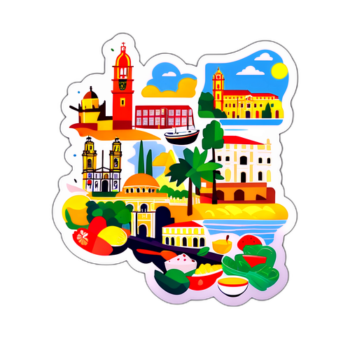 คอลเลกชันสดใสของแลนด์มาร์คหลักในโปรตุเกสพร้อมสัญลักษณ์อาหาร