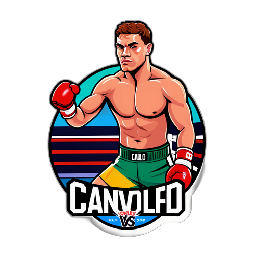 Kleurrijke sticker van een bokser met de woorden 'Canelo vs Crawford' in een sportieve stijl