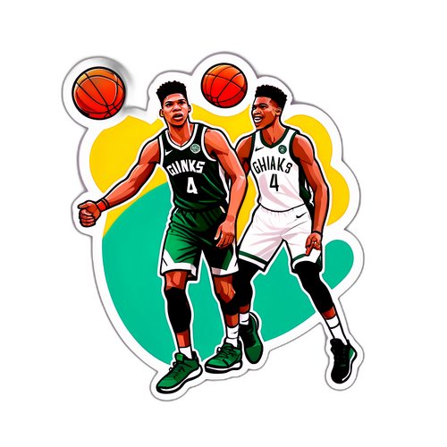 A sticker featuring a minimalist design of Giannis and Nikola in action, symbolizing sportsmanship