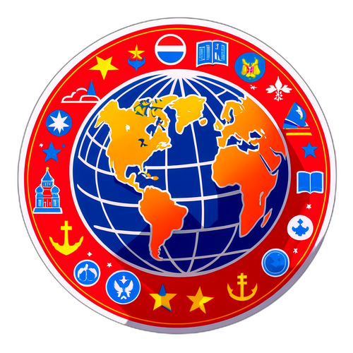 Sticker van een wereldbol met Russische symbolen