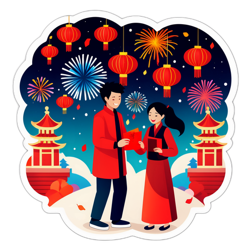 新年快乐的情侣互赠红包