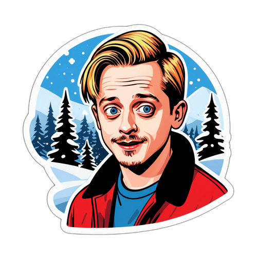 Sjov klistermærke af Macaulay Culkin i en vinterlandskab