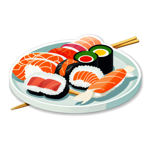 Cute Sushi Plate with Various Sushi Pieces and Chopsticks