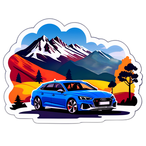 Modern illustration av Audi RS5 Avant i en pittoresk bergsmiljö