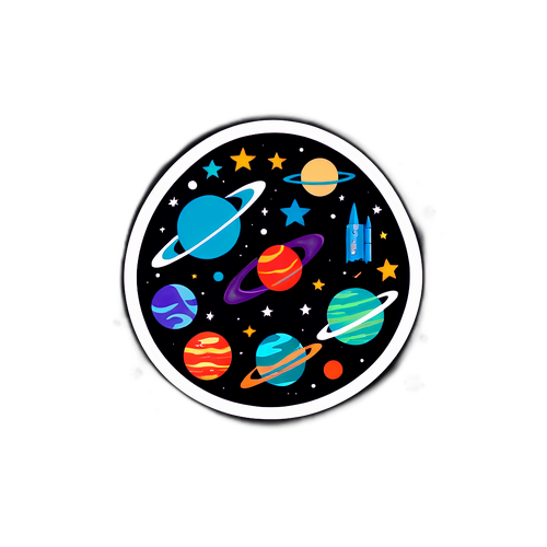 Minimalistische sticker van het JPL-logo met sterren en planeten