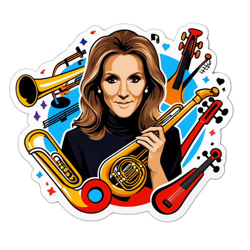 Sticker z Celine Dion i instrumentami muzycznymi