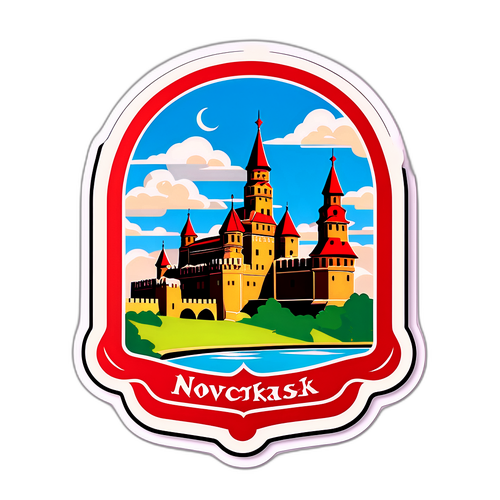 Стикер с крепостью в Новочеркасске, изображенной в антикварном стиле с надписью "Исторические памятники"