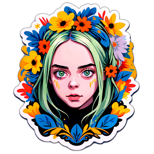 Artistiek portret van Billie Eilish met bloemmotieven