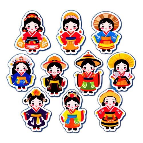豊橋祭りの伝統衣装を着たキャラクターのカラフルなステッカー