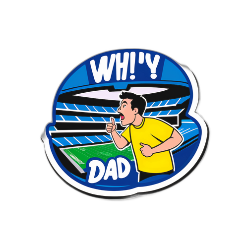 Σχέδιο ενός πατέρα που φωνάζει "Γιατί, μπαμπά!" με φόντο γήπεδο ποδοσφαίρου