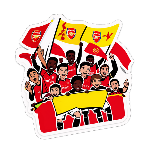 Sticker cu echipa Arsenal, susținută de fani cu steaguri roșii și galbene