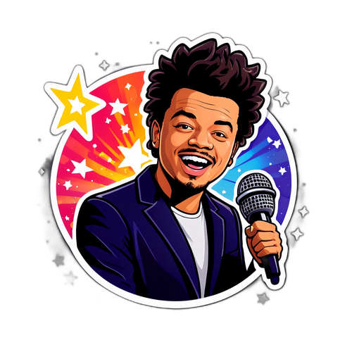 Sticker van Kev Adams op een podium met een microfoon en sterren