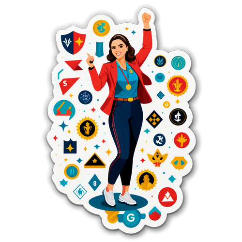 Sticker cu Victoria Stoiciu, în postura unei realizări de succes