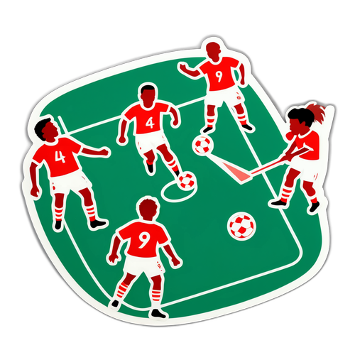 Наклейка на матч між Бенфікою та Альверкою, що зображує чотири типовi гравецькі стратегії на футбольному полі