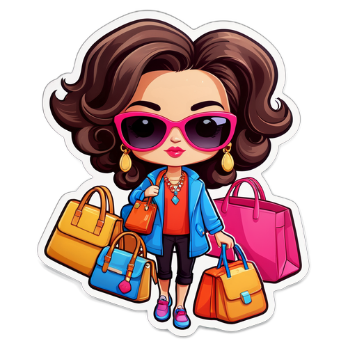 Adesivo cartoon di Rossella Brescia con occhiali da sole e borse alla moda