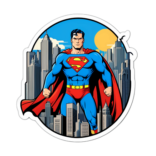 Superman ikonisessa asennossa Metropoliksen taustalla