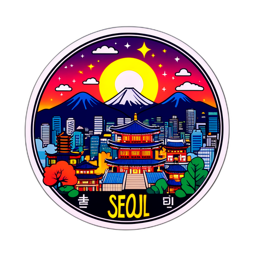 Etichetă cu orașul Seoul și lumini nocturne