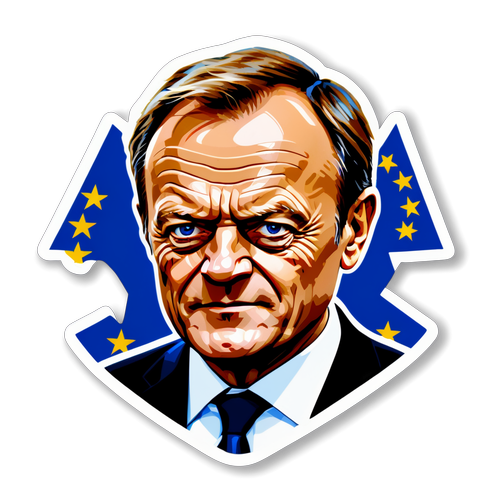 Autocolant cu portretul lui Donald Tusk, înconjurat de simboluri ale Uniunii Europene