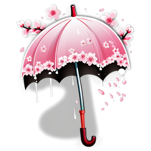 櫻花飄落與雨傘形成有趣對比