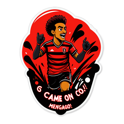 Arte de torcedores animados do Flamengo com a frase 'Vamos, Mengão!'